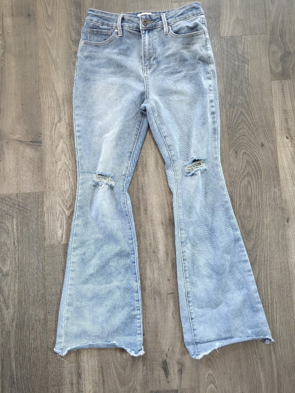 YMI Light Wash Skinny Flare Jeans with Knee Distress